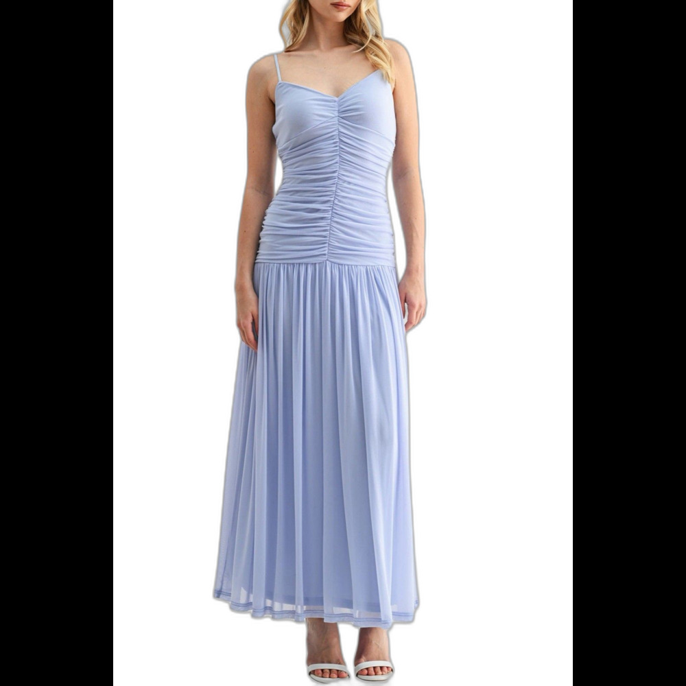 All in Favor Light Blue Ruched Midi Dress Sleeveless Pleated Size L